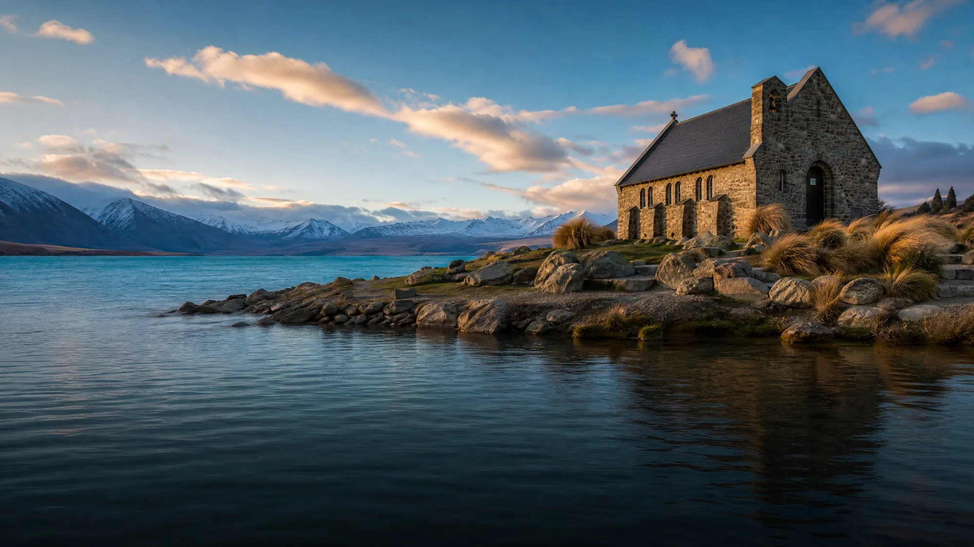 Ein Gletschersee im Mackenzie Basin, bekannt für seinen außergewöhnlich klaren Himmel, Astrofotografie und die historische Steinkirche am Ufer.